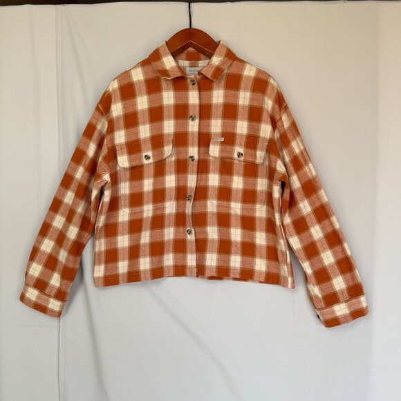 Brixton Bowery Caramel Dove Plaid Button Up Relaxed Boxy Shacket Shirt Size L - Picture 1 of 15